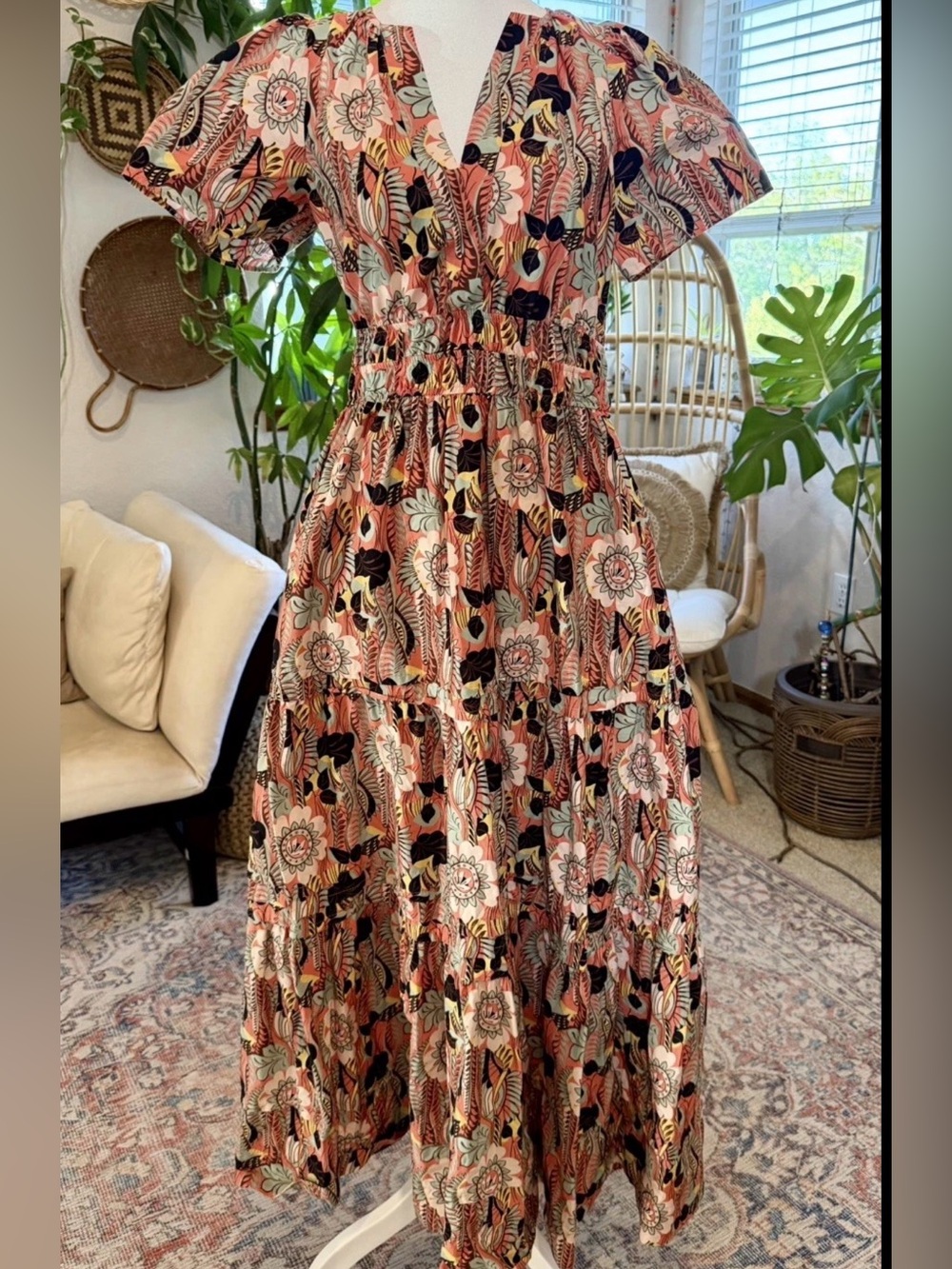 Anthropologie Maeve Floral Tiered Prairie Midi Dress 100% Cotton Boho XS P - Picture 4 of 10